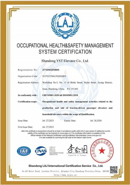 China Shandong YST Elevator Co., Ltd. Certificações