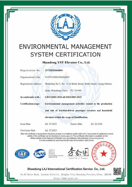 China Shandong YST Elevator Co., Ltd. Certificações