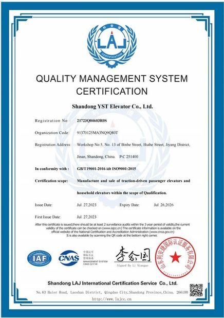 China Shandong YST Elevator Co., Ltd. Certificações